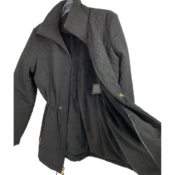 L Zip Ellen Tracy Black Quilt Winter Jacket 6486 Drawstring Waist Plush Lining - Picture 1 of 13